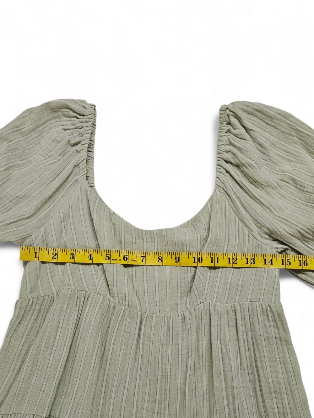 Every Square Neck Tiered Mini Dress With Puff Sleeve In Sage Green Stripe Size S - Picture 7 of 8